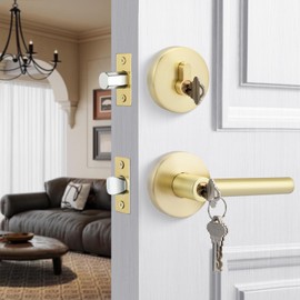 goldenwarm Exterior Deadbolt and Keyed Entry Door Handle Set, Heavy Duty Zinc Alloy Gold Door Lever, Key Entry Front Brushed Gold Door Handle with Lock and Key(1 Pack)