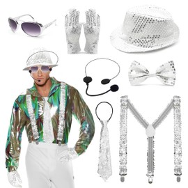 Glitter Accessories Men's Glitter Outfit with Sequin Hat Sunglasses Gloves Bow Tie Braces Head Microphone 80s King of Pop Dancer Singer Rock Star Cosplay Fancy Dress Party Accessories