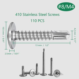 YIYINOE Self-tapping screws, M4.2 x 13 mm, 110 PCS-410 stainless steel self-tapping screws, self-tapping screws for steel metal, drilling screws, metal screws
