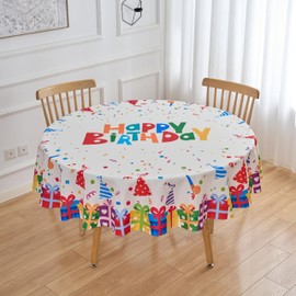 VEDACHIC Birthday Round Tablecloth 70 Inch Happy Birthday Gift Boxes Table Cloth - Circle Polyester Seasonal Table Cover Washable Waterproof for Party Picnic Kitchen Dining Outdoor Decorations