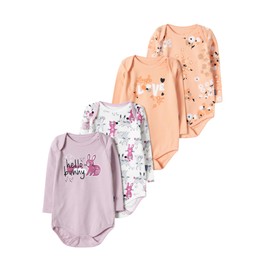 rise&Raba Baby Bodysuit Clothes 4 Pcs | 100% Cotton Long Sleeve Baby Onesies with Button and Patterned Newborn Baby Onesies | Footless Pajamas for Boys and Girls (Lila - Salmon, 3-6 Month)