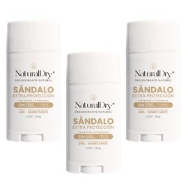 NaturalDry Desodorante Natural Sándalo Extra Protección 24h | Deportista Humor Fuerte | Sin Aluminio ni Parabenos | Con Karité y Vitamina E | 50g c/u | Pack 3 Piezas