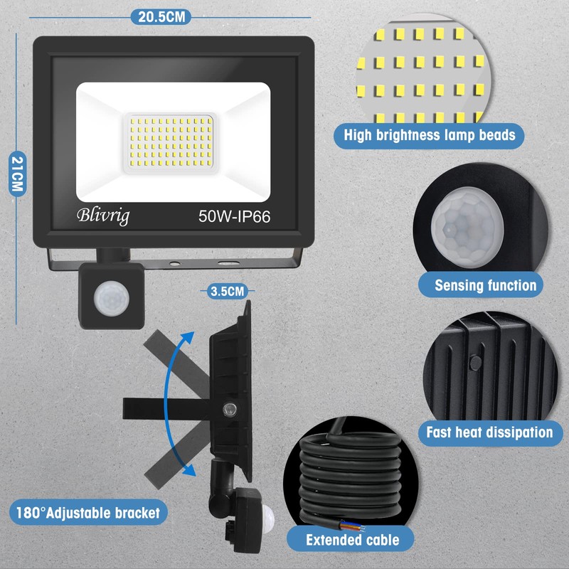 LED Spotlight with Motion Sensor Outdoor 50 W, 5000 LM
