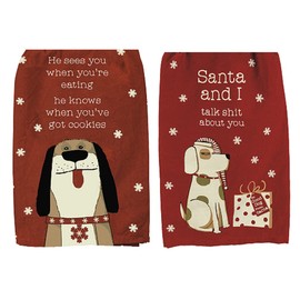 2 Piece Dog Themed Christmas Kitchen Towel Bundle, He Knows When You've Got Cookies and Santa and I Talk About You