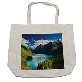 Lunarable Mountain Shopping Bag, Lake Kucherlinskoe in Altai Mountains High Peaks and Fresh Jungle in Spring, Eco-Friendly Reusable Bag for Groceries Beach and More, 15.5" X 14.5", Cream
