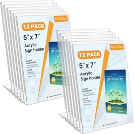 MaxGear Acrylic Sign Holder, 5 X 7 inches Clear Plastic Paper Holder, Slant Back Design Table Acrylic Frames Plastic Display Stand for Office, Home, Store, Restaurant, Vertical, 12 Pack
