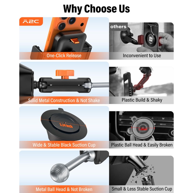 A2C 12" Anti-Shake Metal Arm Windshield Phone Mount, Suction Phone