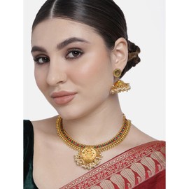 Aheli Indian Traditional Temple Necklace Jhumki Jhumka Dangle Earring Set Studded with Faux Stone Bollywood Wedding Jewelry Gift for Women
