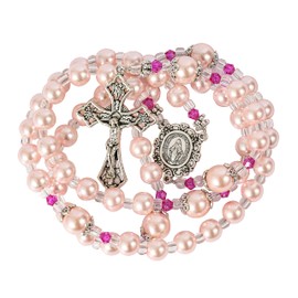 Nazareth Store Pink Pearl Rosary Beads Long Beaded Catholic Rosary Necklace with Miraculous Medal and Cross