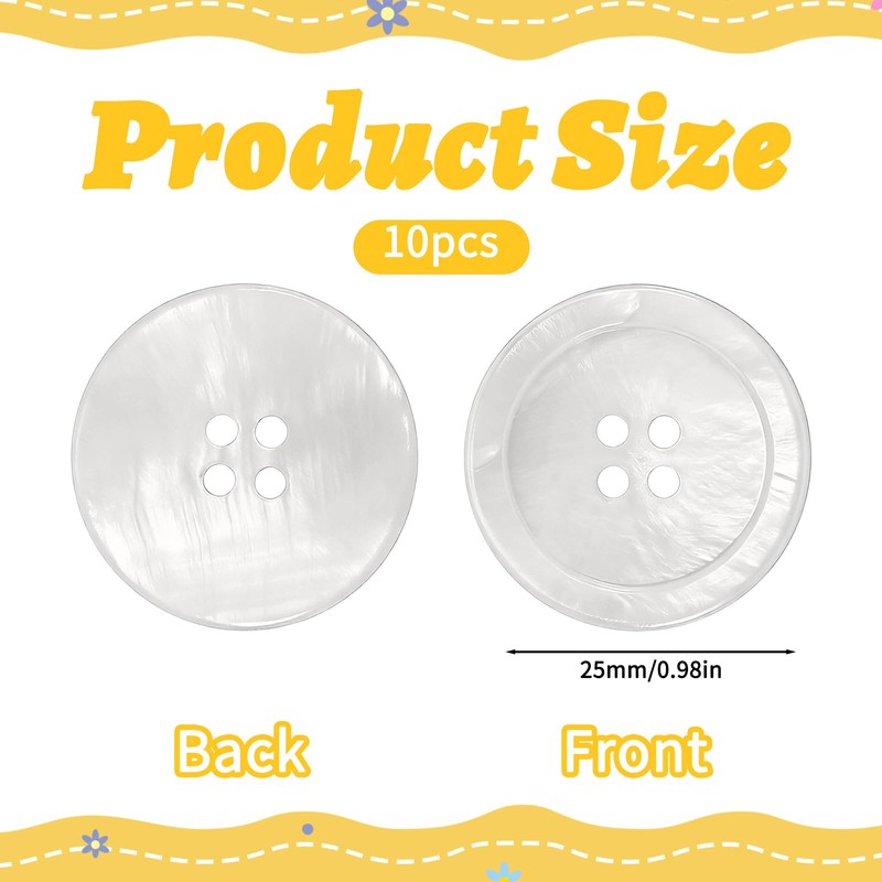 10 Pcs White Mother of Pearl Shell Buttons 1 inch