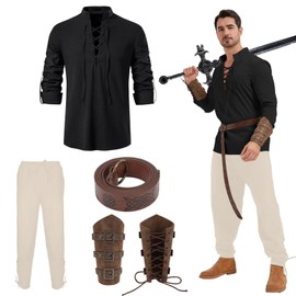 Men Four Piece Renaissance Costume Set Medieval Pirate Shirt Viking Style Waist Belt Wrist Guard HalloweenBSKX-S