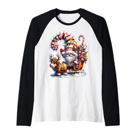 Christmas Light Gnome Santa Claus Riding Sleigh Highland Cow Raglan Baseball Tee