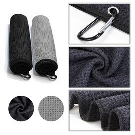 LUTAKU 2 Pack Tri-fold Golf Towel Set, Microfiber Fabric Waffle Pattern Towels, Heavy Duty Carabiner Clip，Black Golf Towels for Golf Bags for Men (2 Pcs, 2 Colors) (Black)
