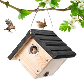 Dreyoo 1 Pack Wren House, 1-1/8'' Entrance Hole Hanging Wooden Wren Bird Houses for Outside with Metal Guard, Air Vents, Pine Wood for Chickadees(Black)