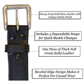 1-1/2" Full Grain Belt - Black - Size 44 - RGB-111 - Oil Tanned Solid Thick Leather and Roller Buckle - R.G. BULLCO