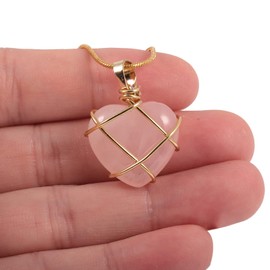 Lovionus89 Natural Love Heart Crystal Pendenat Necklace for Women Men, Healing Crystal Handmade Wire Wrapped Pendenats, Rose Quartz