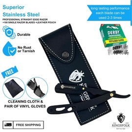 Straight Edge Wooden Throat razor for sale with Stainless Steel Blade, 100 Single Edged Blades, Comfortable Wooden Handle & Sleek Leather Pouch - Flawless manual shaver:_Stainless Steel Straight Razor 100 Single Blades