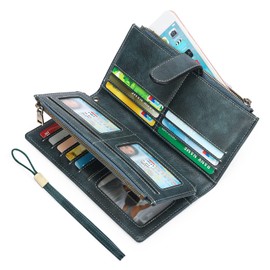 GOIACII Womens RFID Blocking Large Capacity Leather Ladies Wallet with Multiple Card Slots and Zipper Coin Purse, A08 Dark Blue, Vintage