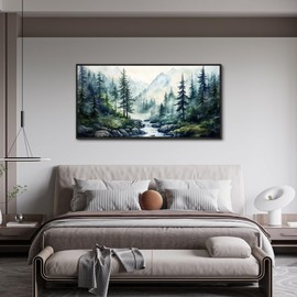 ZUITINGHUA Large Black Framed Wall Decor For Living Room Canvas Wall Art For Office Modern Wall Decorations For Bedroom Misty Forest Painting Tree landscape Pictures Artwork Home Decor 24x48 In