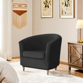 Deisy Dee 2 Piece Velvet Club Chair Slipcover Tub Chair Slipcovers Stretch Barrel Chair Covers Accent Chair Cover Removable Couch Furniture Protector Arm Chair Cover for Living Room (Black)