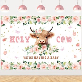 Wonmelody Highland Cow Baby Shower Decorations with Holy Cow We are Having a Baby Backdrop Banner Boho Floral Highland Cattle Baby Shower Supplies Farm Highland Cattle Baby Shower Supplies for Girl