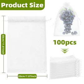 100Pcs Fruit Protection Bags 8''×12'' Fruit Netting Bags for Fruit Trees White Fruit Netting Cover Mesh Bags with Drawstring Reusable Organza Bags Pest Barrier for Protect Plant Fruit Flower Vegetable