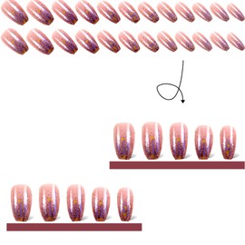 Multicolor Press on Nails Short, Bling Design Medium Square Fake Nails -False Nails Tips Glossy Natural Full Cover Stick on Nails, Reusable Glue on Acrylic Nails for Women Manicure DIY Decoration