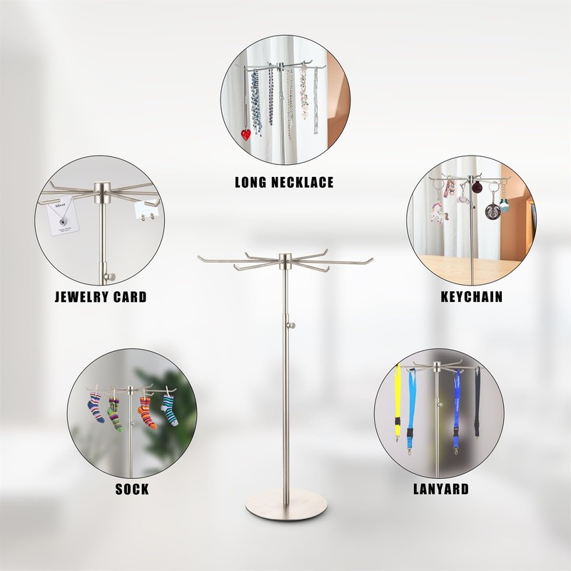 bjewego Rotating Keychain Display Stand - Height-adjustable Brushed Silver Metal