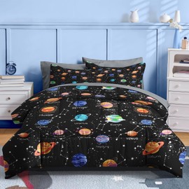 Nesker 7 Pcs Comforter Set Full Size, Cute Space Galaxy Bedding for Kids Teen, Planets Moon Stars with Fitted Sheet 2 Pillowcases & 2 Shams for Bedroom Bed Decor