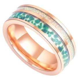 Reseldda White Opal 14K Rose Gold Plated Tungsten Rings for Men Women - Granular Moss Agate Inlay Men's Tungsten Wedding Bands Daily Wear - Boho Style Vintage Birthstone Polished Tungsten Carbide Promise Rings Size 7