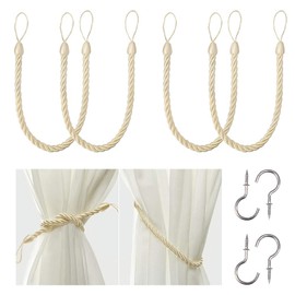 BEL AVENIR Curtain Rope Tiebacks, Drapery Rope Holdbacks with 4 Metal Screw Hooks (Beige, 4pack)