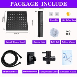 8"High Pressure Square Rain Shower Head and 2-in-1 Hand Shower.Equipped with 78"Hose, 3 Way Diverter Valve,Adhesive Shower Head Holder.(AWAXFOLO Square Shower Head Set Black)