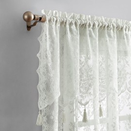 LinenZone Pair of 2 Lace Curtain Panels with Attached Valance and 6 Tassels. Sheer Lace Curtains for Living Room, Dining Room, Bedroom or Kitchen. Classic English Rose Design. (Luna 54 x 63, Ivory)