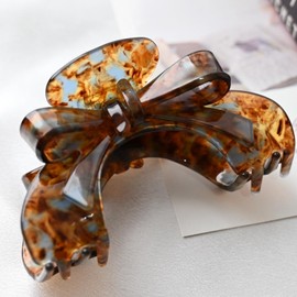 Hair Claw for Women 4 inch Waterproof Hair Clip for Medium Long Hair,Non-slip Stylish Claw for Updos,Daily Use,Elegant Bow Hair Claw Clip, Large Size, Marble Blue (brown floral)