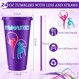 Nuogo 48 Pcs Gymnastics Party Favors, Include 12 Plastic Gymnastics Cups with Lids and Straws, 12 Gymnastics Themed Drawstring Gift Bags, 12 Silicone Wristbands and 12 Silicone Keychains for Women