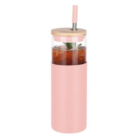 VQSV 24 oz Glass Tumbler with Lid and Straw, Iced Coffee Cup with Bamboo Lid,Stainless Steel Straw，Smoothie cup with Silicone Sleeve,NO Plastica & BPA Free - Fits in Cup Holder(Pink)