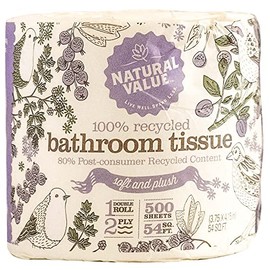 Natural Value 100% Recycled Bathroom Tissue, 500 2-Ply Sheets Per Roll (Pack of 48)