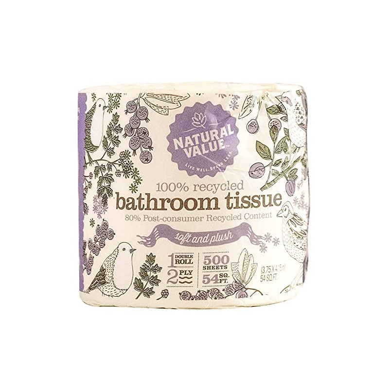 Natural Value 100% Recycled Bathroom Tissue, 500 2-Ply Sheets Per