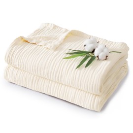 PHF Cooling Muslin Queen Blanket for Hot Sleepers, 60% Rayon Derived from Bamboo, 40% Cotton Blanket for Summer, 4-Layer Breathable Gauze Blanket for Bed Couch, 90"x90", Natural/Linen