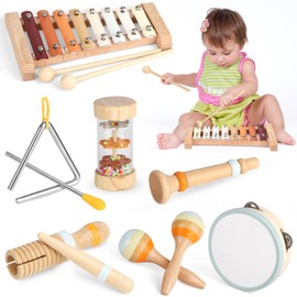 Musical Instruments Wooden Toddler Toys, Baby Maracas Xylophone Tambourine Drum Percussion Instruments Sensory Montessori Musical Toys, Xmas Birthday Gift for Girls Boys Kids 3 4 5 6 Years Old