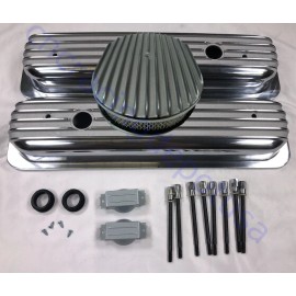 CNCRSR For 87-97 SBC Polished Short Center Bolt Valve Covers & 15" Finned Air Cleaner