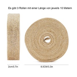 30 m Jute Ribbon, 2 cm Hessian Ribbon, Gift Ribbon Wide, Decorative Ribbon Jute for DIY Craft Packaging, Gift, Wedding, Christmas, Dining Table, Bouquet Decoration, 10 m Rolls