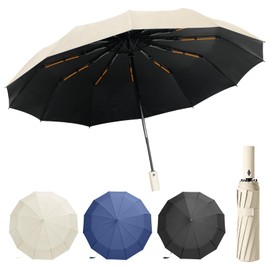 Lusibaka Umbrella Windproof Strong Compact Folding Portable,Extra Large Automatic Open & Close Rainproof with UV Protection,Sturdy Durable Umbrella with 12 Ribs,99 UV Protection UPF 50 (Beige)