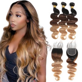 Kapelli Hair Ombre Human Hair Bundles with Closure Body Wave (12 14 16+10) 100% Unprocessed Brazilian Virgin Remy Human Hair 3 Bundles with Closure 2 Tone Black to Burgundy Weave for Women