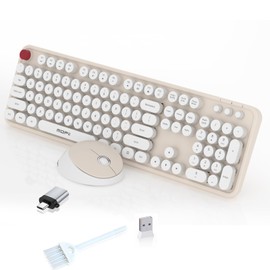 Wireless Keyboard and Mouse Combo, MOFII 104 Keys Full-Size Retro Round Keys Typewriter Keyboards Ergonomic Keyboards and Mouse Wireless for Windows, PC, Laptop, Desktop White
