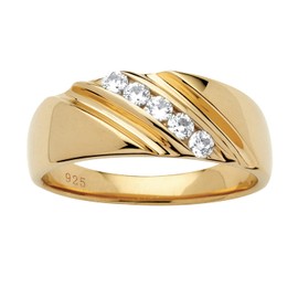PalmBeach Men's Yellow Gold or Platinum Plated Sterling Silver Round Cubic Zirconia Diagonal Wedding Band Ring Size 9