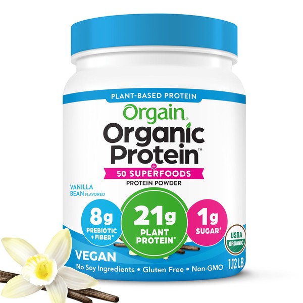 Orgain Organic Protein + Superfoods Powder, Vanilla Bean - 21g of Protein, Vegan, Plant Based, 8g of Fiber, No Dairy, Gluten, Soy or Added Sugar, Non-GMO, 1.12lb