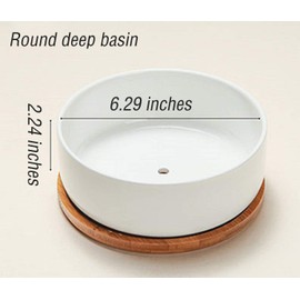 WEIYON-6.29 inchSucculent Planter Ceramic with Bamboo Tray, Modern White Ceramic Round Design for Succulent Planter Cactus Pots Decorative Flower Holder Bowl Basin,
