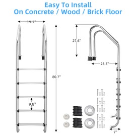 Towallmark 5 Step Pool Ladder, 304 Stainless Steel Swimming Pool Ladder, Heavy Duty Pool Escalator, for Above Ground Pools Stair Entry System, with Handrails
