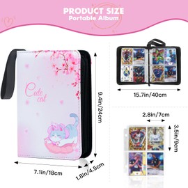 Card Binder with 4 Pockets, 50 Removable Sleeves for 400 Cards, Zippered Storage Album for Trading Cards, Sports, and Game Cards Collection Organizer Supply -Sakura Cat
